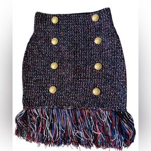 Balmain Fringe Tweed Multicolor Button Pencil Skirt